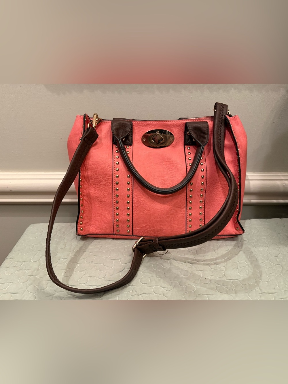 Coral Stud-Trim Convertible Satchel Shoulder Bag